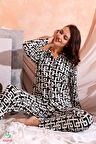 Nisanca Kışlık Düğmeli Ekose Desen Yılbaşı Temalı  Kadın Süet Pijama Takımı