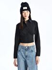 Düz Uzun Kollu Crop Poplin Kadın Gömlek