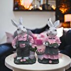 Bahçede Tavşanlar Pembe Gri Biblo Dekorasyon