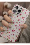 Samsung Galaxy M13 Uyumlu Pembe Çiçekler Tasarımlı Şeffaf Telefon Kılıfı Kapak Case