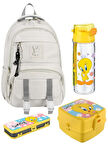 KREM renk Tokalı OKUL ÇANTASI ve TWEETY SULUK 4'lü KIRTASİYE SETİ, SU GEÇİRMEZ ÇANTA