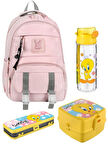 PEMBE renk Tokalı OKUL ÇANTASI ve TWEETY SULUK 4'lü KIRTASİYE SETİ, SU GEÇİRMEZ ÇANTA