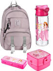 PUDRA renk Tokalı OKUL ÇANTASI ve PRENSES KEDİ SULUK 4'lü KIRTASİYE SETİ, SU GEÇİRMEZ ÇANTA