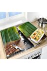 Dekoratif Cam Ocak Koruyucu Ve Kesim Tahtası Bambu Yolu 60cm X 52cm 2 Parça, 4'lü Ocaklar