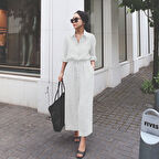 Keten Günlük Rahat Beli Bağcık Detaylı Uzun Kol Elbise