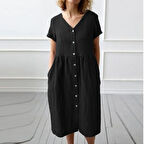 Keten Günlük Yazlık V yaka Kısa Kol Düğme Detaylı Kadın Elbise
