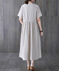 Keten Günlük Rahat V Yaka Beli Büzgü Detaylı Düğmeli Elbise