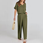 Zarif Kadin T-shirt ve Uzun Pantolon Alt Üst İkili Takım V Yaka Kısa Kollu Salaş Rahat Elbise