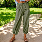 Beli Lastikli Düğmeli Keten pantolon