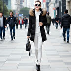 Suni Kürk Yaka Orta Boy Kışlık Kadın Siyah Mont