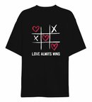 14 Şubat Sevgililer Günü Love Always Wins Baskılı Oversize Bisiklet Yaka T-shirt - Siyah