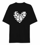 14 Şubat Sevgililer Günü Love Kalp Baskılı Oversize Bisiklet Yaka T-shirt - Siyah