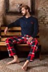 Uzun Kollu  Düğmeli Erkek Ekose Pijama Takımı Lukitus