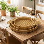 B İç İçe Geçebilen 3’lü Yuvarlak Plastik Rattan Tepsi Seti–Hasır Görünümlü Çok Amaçlı Servis ve Sunum Tepsileri
