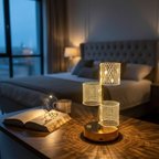 B 3 Parça Silindirik Kristal Ekose Kareli LED Masa Lambası – Gold Gövdeli, Dokunmatik, 3 Kademe Işık Ayarlı Şarjlı Dekoratif Lamba