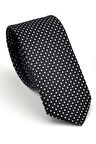 Beyaz Noktalı Puantiye Desenli Siyah Dokuma Kumaş Mendilli Slim Fit Kravat // SDK230913