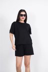 Kadın Osy Modal Yumuşak Dokulu Kumaş Bisiklet Yaka T-shirt Kısa Şort İkili Takım - Siyah
