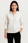 Kadın 3 İplik Kapüşonlu Tam Fermuarlı Kanguru Cepli Sweatshirt Hoodie - Beyaz