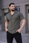 Erkek Waffle Kumaş Kısa Kollu Düğmeli Açık Yaka Regular Fit Gömlek - Haki
