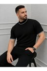 Erkek Fitilli Triko Dokuma Kısa Kol Tişört Yarım Boğaz Modern Yazlık T-Shirt - Siyah