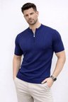 Erkek Kısa Kol Fitilli Triko T-Shirt Yazlık Hakim Yaka Tişört Bluz - Lacivert