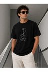 Erkek Minimal Gitar Baskılı Tişört T-Shirt Yazlık Kısa Kol Bisiklet Yaka T-Shirt - Siyah