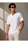 Erkek V Yaka Basic Tişört Kısa Kol Yazlık Regular Fit T-Shirt - Beyaz
