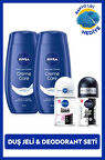 NIVEA Kadın ve Erkek Roll-on Deodorant Black&White 25ml, Creme Care Duş Jeli X2 Adet, Banyo Lifi Hediye, Avantajlı Aile Paketi