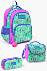 Coral High Kids Su Yeşili Açık Pembe Monogram Desenli 3'lü Okul Çanta Seti SET0114410