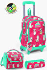 Coral High Kids Neon Mercan Su Yeşili Alpaka Desenli Çekçekli 3'lü Çanta Seti SET0123364