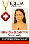 Sertifikalı Gold Yonca Model Kırmızı Mercan Taşı Kolye Cesaret Verir