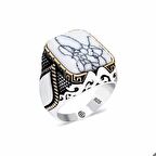 ​Gümüş Çizgili Beyaz Taşlı Köşeli Erkek Yüzük