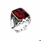 ​Gümüş Kırmızı Zirkon Taşlı Kare Erkek Yüzük