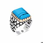 Gümüş Zirkon Turkuaz Taşlı Kare Erkek Yüzük