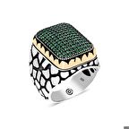 Gümüş Yeşil Zirkon Taşlı Kare Erkek Yüzük