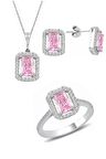 Gümüş rodyumlu pembe baget taşlı üçlü set