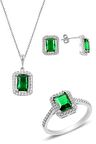 Gümüş rodyumlu kök zümrüt baget taşlı üçlü set