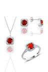 Gümüş rodyumlu kırmızı taşlı kare üçlü set