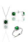 Gümüş rodyumlu kök zümrüt taşlı kare üçlü set