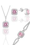 Gümüş rodyumlu pembe taşlı kare kolye küpe ve bileklikten oluşan üçlü set