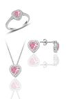 Gümüş rodyumlu pembe taşlı pırlanta montürlü kalp üçlü set
