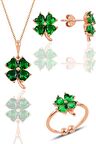 Gümüş rose kök zümrüt taşlı yonca kolye küpe ve yüzük üçlü set