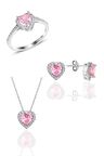 Gümüş rodyumlu pembe taşlı pırlanta montürlü Kalp modeli üçlü set