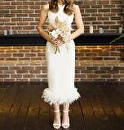Kadın Beyaz Tüylü Otriş Detaylı Midi Boy Abiye Nişan Söz Nikah Evden Çıkış Elbisesi
