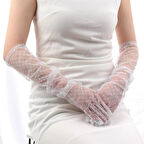 Uzun Boy Beyaz Puantiyeli Beyaz Yetişkin Tül Eldiven