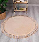 Modern Dekoratif Yuvarlak Puffy Peluş Ponpon Saçaklı Salon Oturma Odası Halısı Bej