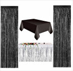 SİYAH MASA ÖRTÜSÜ, GÜMÜŞ MASA ETEĞİ, 2 ADET SİYAH ARKA FON