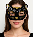 Kadife Dokulu Simli Kedi Maskesi Altın Gümüş Detaylı