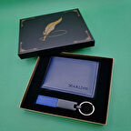 Kutulu Mavi Deri Cüzdan Ve Anahtarlık Seti