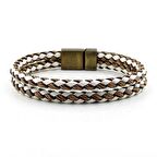 KAHVE BEYAZ ÖRGÜLÜ ÇİFT SIRA DERİ ERKEK BİLEKLİK BT396